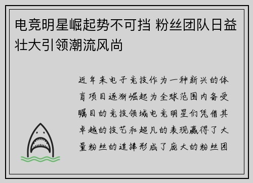 电竞明星崛起势不可挡 粉丝团队日益壮大引领潮流风尚