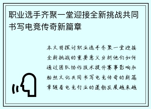 职业选手齐聚一堂迎接全新挑战共同书写电竞传奇新篇章
