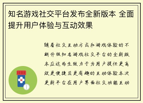 知名游戏社交平台发布全新版本 全面提升用户体验与互动效果