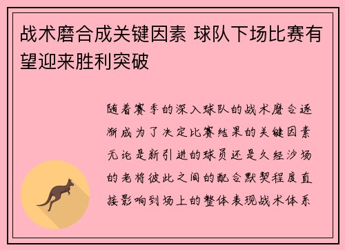 战术磨合成关键因素 球队下场比赛有望迎来胜利突破