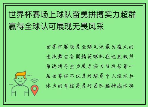 世界杯赛场上球队奋勇拼搏实力超群赢得全球认可展现无畏风采