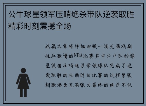 公牛球星领军压哨绝杀带队逆袭取胜精彩时刻震撼全场