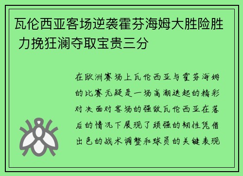 瓦伦西亚客场逆袭霍芬海姆大胜险胜 力挽狂澜夺取宝贵三分