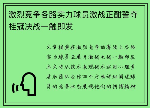 激烈竞争各路实力球员激战正酣誓夺桂冠决战一触即发