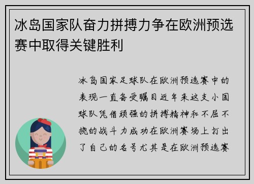 冰岛国家队奋力拼搏力争在欧洲预选赛中取得关键胜利