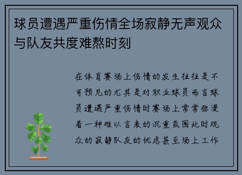 球员遭遇严重伤情全场寂静无声观众与队友共度难熬时刻