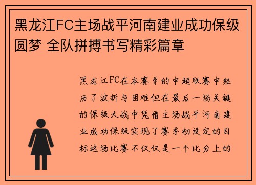 黑龙江FC主场战平河南建业成功保级圆梦 全队拼搏书写精彩篇章