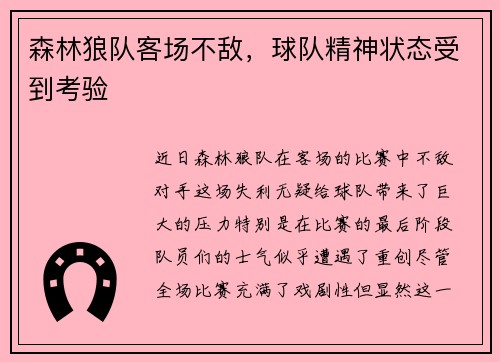 森林狼队客场不敌，球队精神状态受到考验
