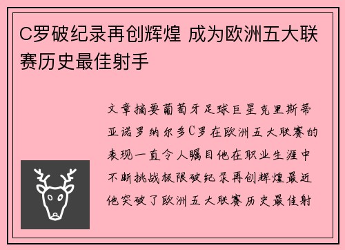 C罗破纪录再创辉煌 成为欧洲五大联赛历史最佳射手