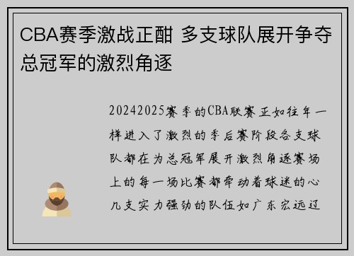 CBA赛季激战正酣 多支球队展开争夺总冠军的激烈角逐